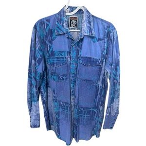 Vintage 90s Karman Men’s L/XL Abstract Print Snap Front Blue Purple Shirt